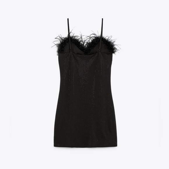 NWOT ZARA BLOGGERS FAVE RHINESTONE + FEATHER TRIM MINI DRESS BLACK SIZE LARGE - Picture 2 of 7